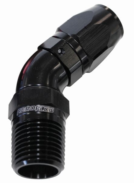 Aeroflow Performance Black Finish. Suits 100 & 450 Series Hose 45° Male NPT Full Flow Swivel Hose End 1/2" to -10AN AF528-10-08BLK Autofit