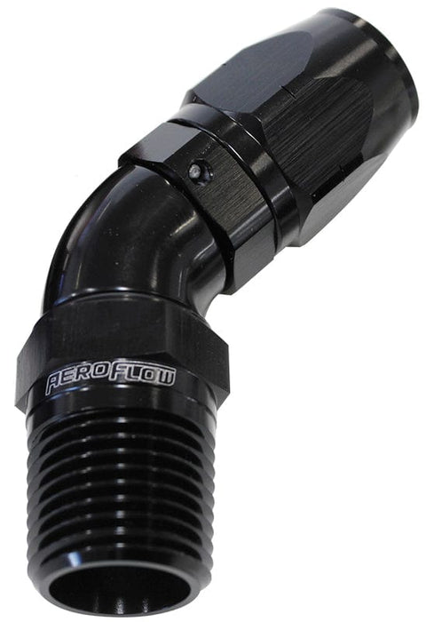 Aeroflow Performance Black Finish. Suits 100 & 450 Series Hose 45° Male NPT Full Flow Swivel Hose End 1/2" to -8AN AF528-08-08BLK Autofit