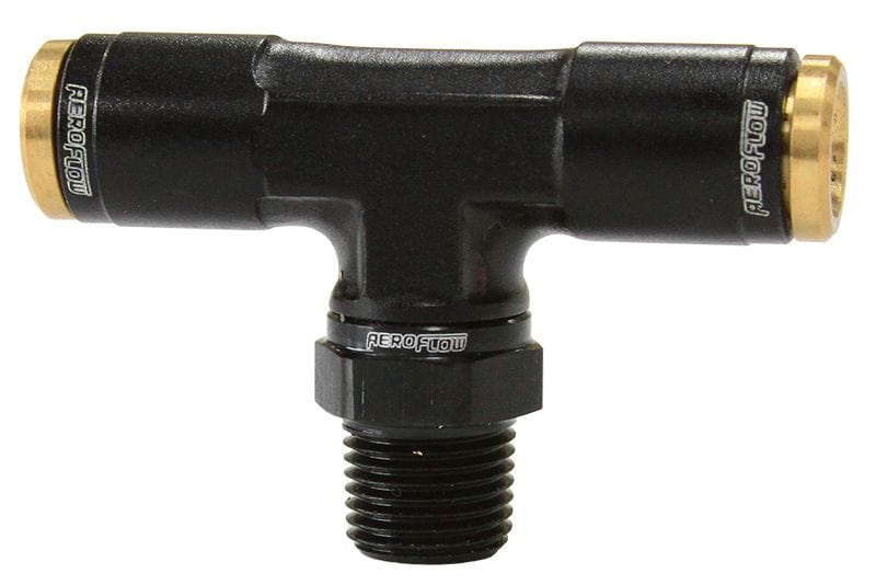 Aeroflow Performance Black Finish. Suits 120 Series Nylon Hose 120 Series 1/8" NPT to 1/4" Push to Connect Tee Fitting AF124-04-02BLK Autofit
