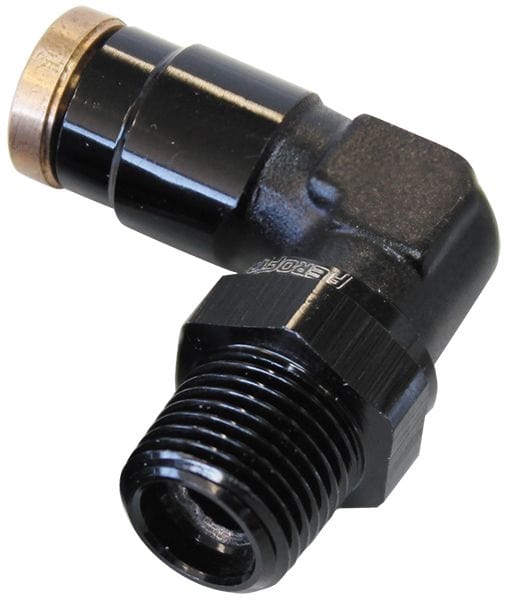 Aeroflow Performance Black Finish. Suits 120 Series Nylon Hose 120 Series 90° 1/8" NPT to 1/4" Push to Connect Fitting AF123-04-02BLK Autofit