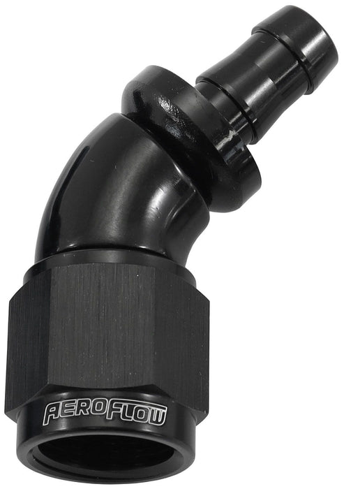 Aeroflow Performance Black Finish. Suits 400 & 500 Series Hose 510 Series Full Flow Tight Radius Push Lock 45° Hose End -6AN To 5/16" (8mm) Bar Autofit