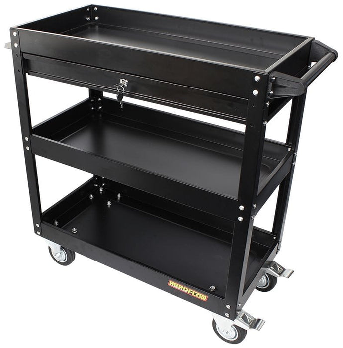 Aeroflow Performance Black Powder Coated Finish, Heavy Duty Wheels 3 Tier Workshop Trolley with Lockable Drawer AF98-2032 Autofit