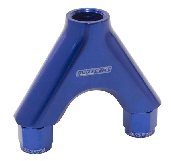 Aeroflow Performance Blue Finish. 2 x -8AN Female, 1 x -10AN Male Billet Y-Block with Female Flare AF939-08-10 Autofit