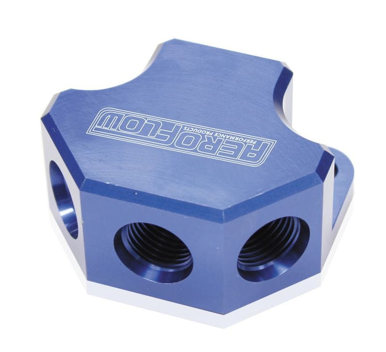 Aeroflow Performance Blue Finish. 3 x -8 ORB Ports, 1 x -10 ORB Port Billet 4 Port ORB Y-Block AF454-10-08 Autofit