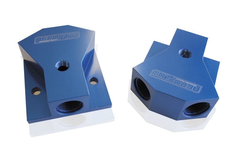 Aeroflow Performance Blue Finish. 3 x -8 ORB Ports Billet Y-Block with 1/8" NPT Port AF453-08 Autofit
