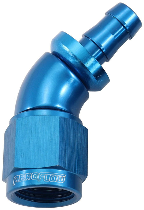 Aeroflow Performance Blue Finish. Suits 400 & 500 Series Hose 510 Series Full Flow Tight Radius Push Lock 45° Hose End -6AN To 5/16" (8mm) Bar Autofit