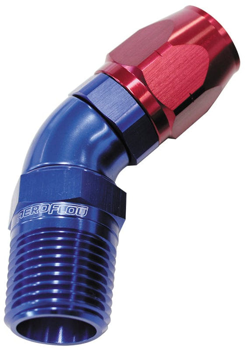 Aeroflow Performance Blue/Red Finish. Suits 100 & 450 Series Hose 45° Male NPT Full Flow Swivel Hose End 1/2" to -8AN AF528-08-08 Autofit