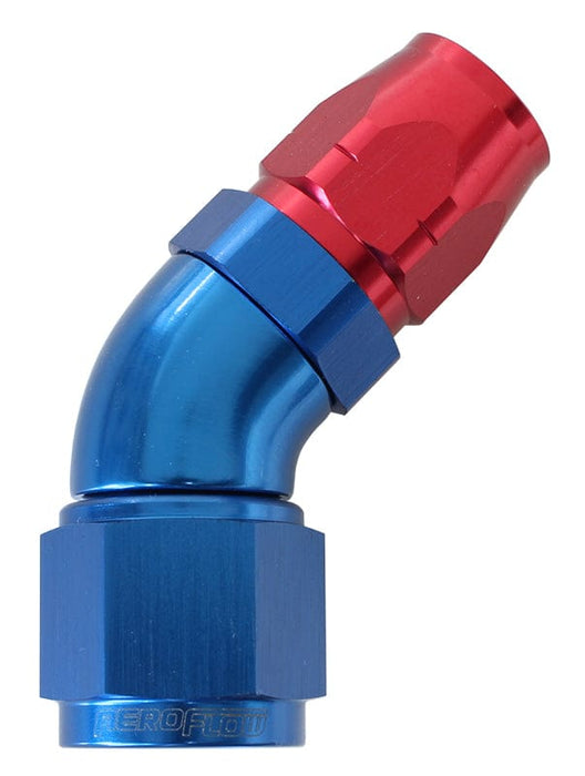 Aeroflow Performance Blue/Red Finish. Suits 100 & 450 Series Hose 550 Series Cutter Style One Piece Swivel 45° Stepped Hose End -8AN to -6 Hose AF Autofit