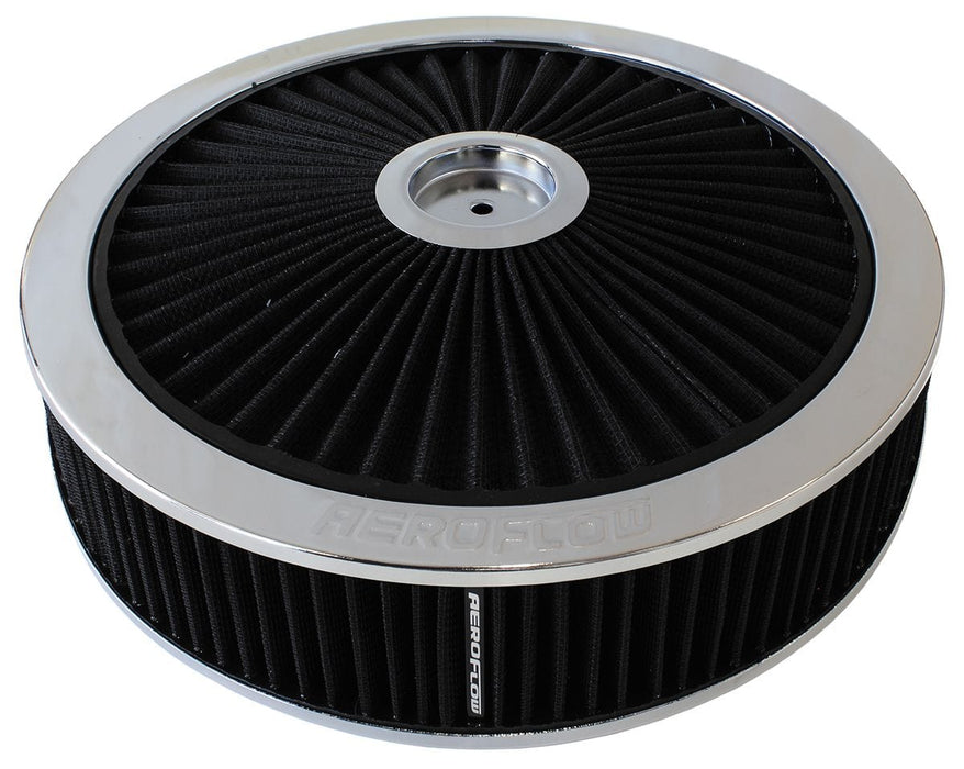 Aeroflow Performance Flat Base with black washable cotton element 14" x 4", 7-5/16" neck Chrome Full Flow Air Filter Assembly AF2851-3080 Autofit