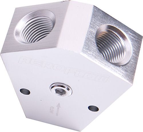 Aeroflow Performance Silver Finish. 1/2" NPT Inlet, 3/8" NPT Outlets Billet Y-Block with 1/8" NPT Port AF451-10-08S Autofit