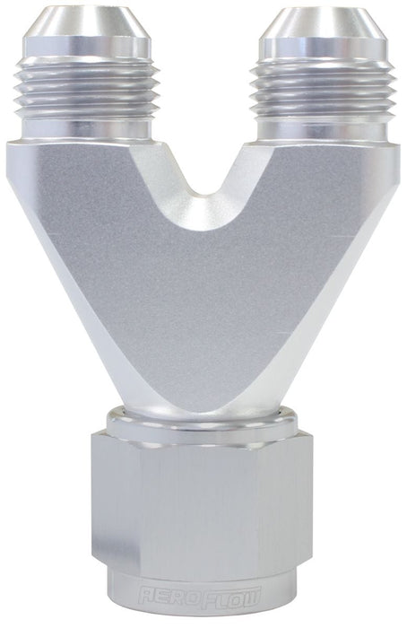 Aeroflow Performance Silver Finish. 1 x -10AN Female, 2 x -8AN Male Billet U-Block with Female Flare AF146-10-08S Autofit