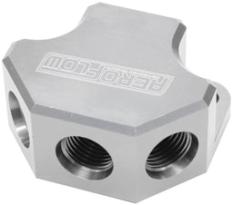 Aeroflow Performance Silver Finish. 3 x -8 ORB Ports, 1 x -10 ORB Port Billet 4 Port ORB Y-Block AF454-10-08S Autofit