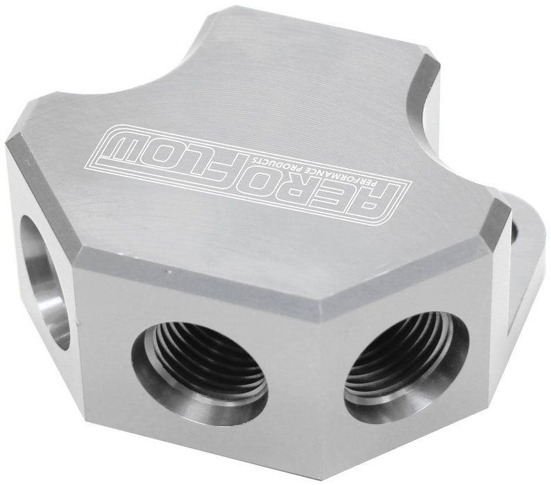 Aeroflow Performance Silver Finish. 3 x -8 ORB Ports, 1 x -10 ORB Port Billet 4 Port ORB Y-Block AF454-10-08S Autofit