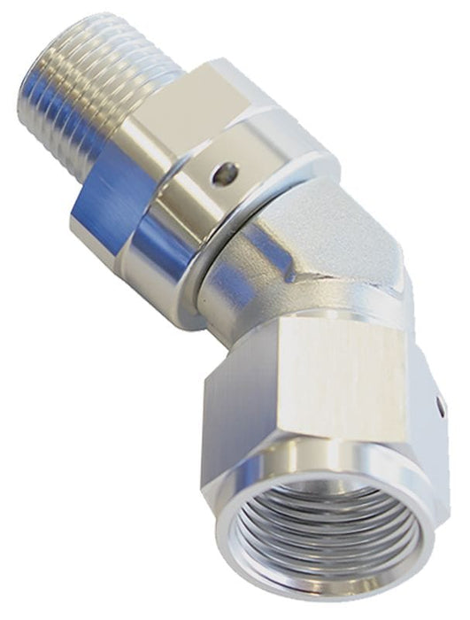 Aeroflow Performance Silver Finish 45° NPT Swivel to Male AN Flare Adapter 1/4" to -8AN AF919-08-04S Autofit