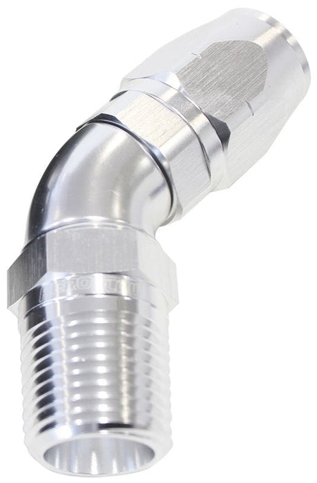 Aeroflow Performance Silver Finish. Suits 100 & 450 Series Hose 45° Male NPT Full Flow Swivel Hose End 1/2" to -12AN AF528-12-08S Autofit