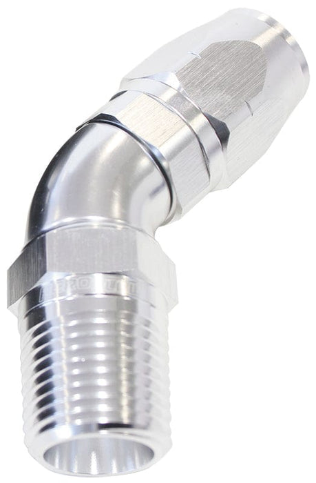Aeroflow Performance Silver Finish. Suits 100 & 450 Series Hose 45° Male NPT Full Flow Swivel Hose End 1/2" to -8AN AF528-08-08S Autofit