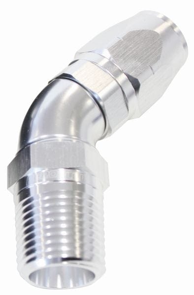 Aeroflow Performance Silver Finish. Suits 100 & 450 Series Hose 45° Male NPT Full Flow Swivel Hose End 3/8" to -10AN AF528-10-06S Autofit
