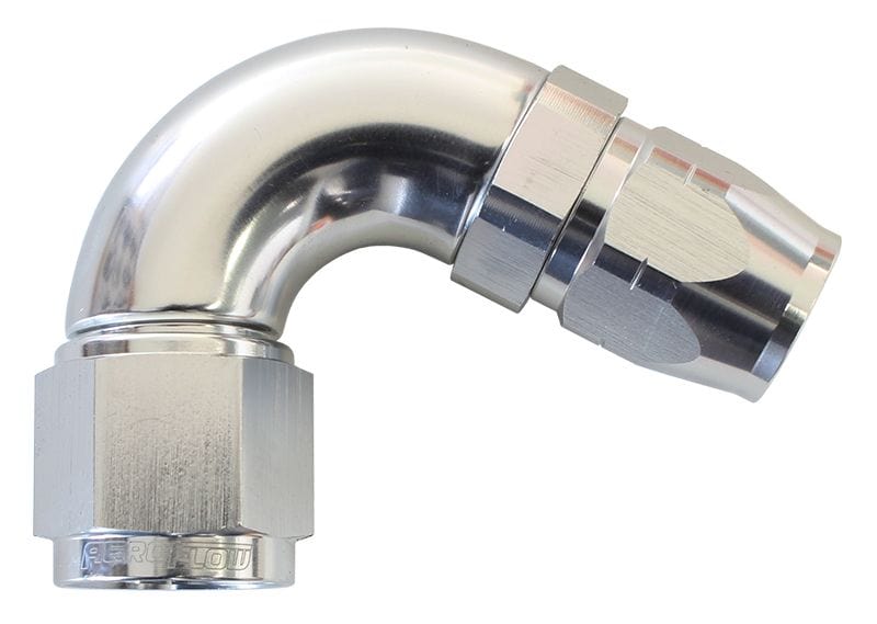 Aeroflow Performance Silver Finish. Suits 100 & 450 Series Hose 550 Series Cutter Style One Piece Swivel 120° Stepped Hose End -10AN to -8 Hose Autofit