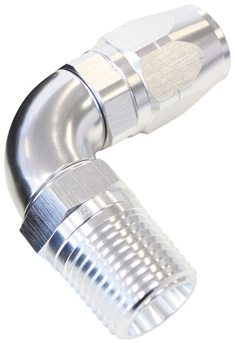 Aeroflow Performance Silver Finish. Suits 100 & 450 Series Hose 90° Male NPT Full Flow Swivel Hose End 1/2" to -8AN AF529-08-08S Autofit