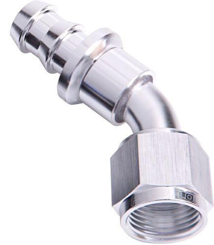 Aeroflow Performance Silver Finish. Suits 400 & 500 Series Hose 400 Series Push Lock 45° Hose End -12AN AF402-12S Autofit