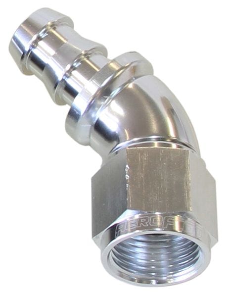 Aeroflow Performance Silver Finish. Suits 400 & 500 Series Hose 510 Series Full Flow Tight Radius Push Lock 45° Hose End -10AN AF512-10S Autofit