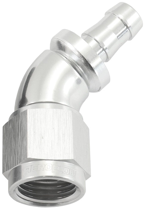 Aeroflow Performance Silver Finish. Suits 400 & 500 Series Hose 510 Series Full Flow Tight Radius Push Lock 45° Hose End -6AN To 5/16" (8mm) Bar Autofit