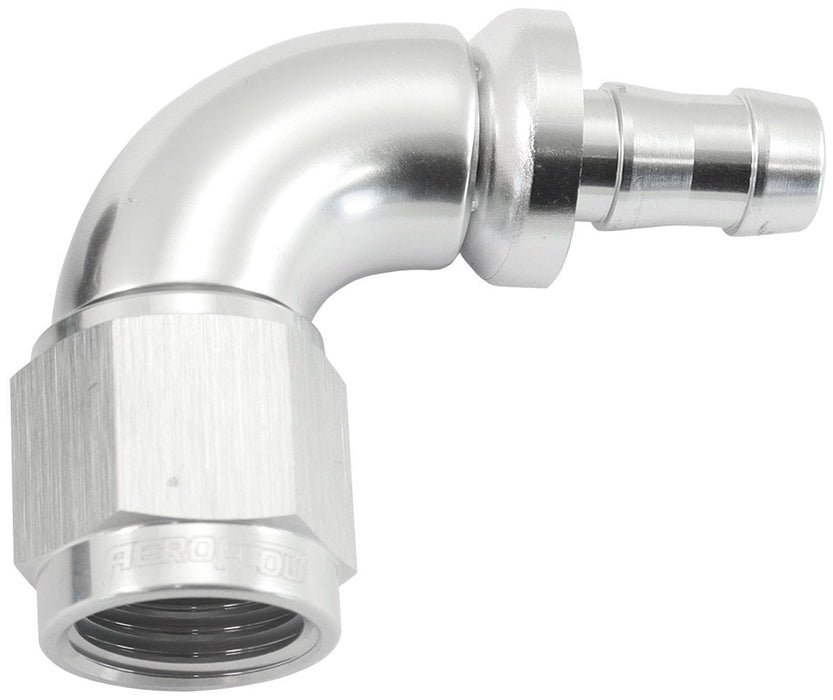 Aeroflow Performance Silver Finish. Suits 400 & 500 Series Hose 510 Series Full Flow Tight Radius Push Lock 90° Hose End -6AN To 5/16" (8mm) Bar Autofit