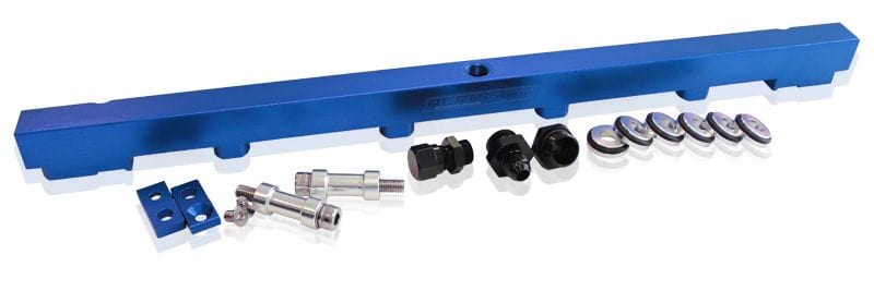 Aeroflow Performance Suit 14mm 3/4" Length and Full Length Fuel Injectors, -8ORB Ports Nissan RB25 Billet EFI Fuel Rail - Blue AF64-2010 Autofit
