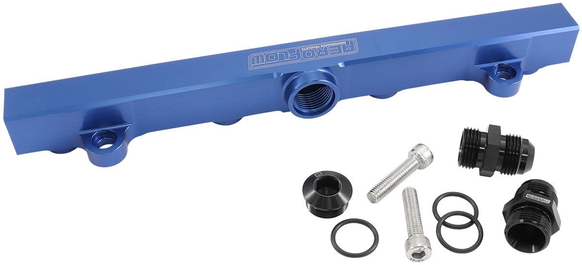 Aeroflow Performance Suit 14mm Full Length Fuel Injectors, -10ORB Ports Mitsubishi Evolution 4-9 4G63 Billet EFI Fuel Rails - Blue AF64-2221 Autofit