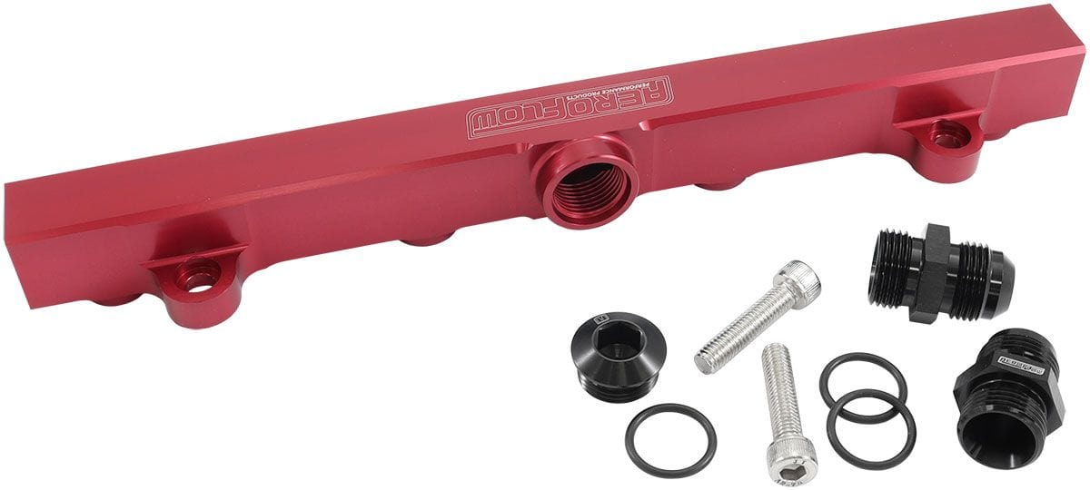 Aeroflow Performance Suit 14mm Full Length Fuel Injectors, -10ORB Ports Mitsubishi Evolution 4-9 4G63 Billet EFI Fuel Rails - Red AF64-2221R Autofit