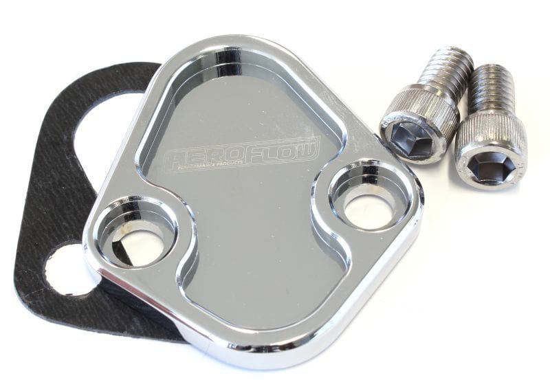 Aeroflow Performance Suit BB Chev, Ford 289-351W, SB, BB Billet Fuel Pump Block-Off Plate - Chrome AF64-2027C Autofit