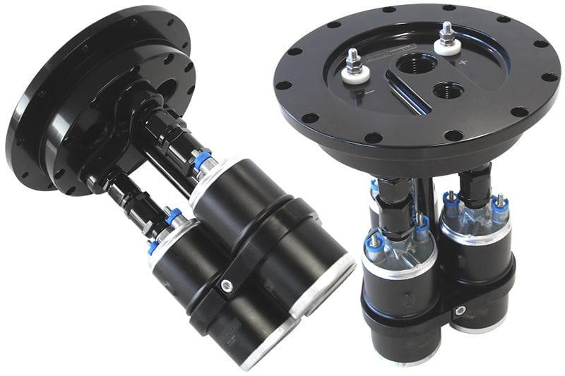 Aeroflow Performance Suits Aeroflow or Bosch style pumps, 8" (205mm) cut-out required Billet Triple Fuel Pump Hanger - Black AF64-4050BLK Autofit