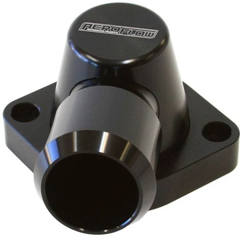 Aeroflow Performance Suits GM LS1 & LS2. Housing is designed to suit LS2 thermostat. Billet Swivel Thermostat Housing - Black Finish AF64-2092BLK Autofit