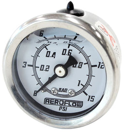Aeroflow Performance White Face, Black Pointer, 1/8" NPT Male Thread 1-1/2" Liquid Filled 15 psi Pressure Gauge AF30-2202 Autofit