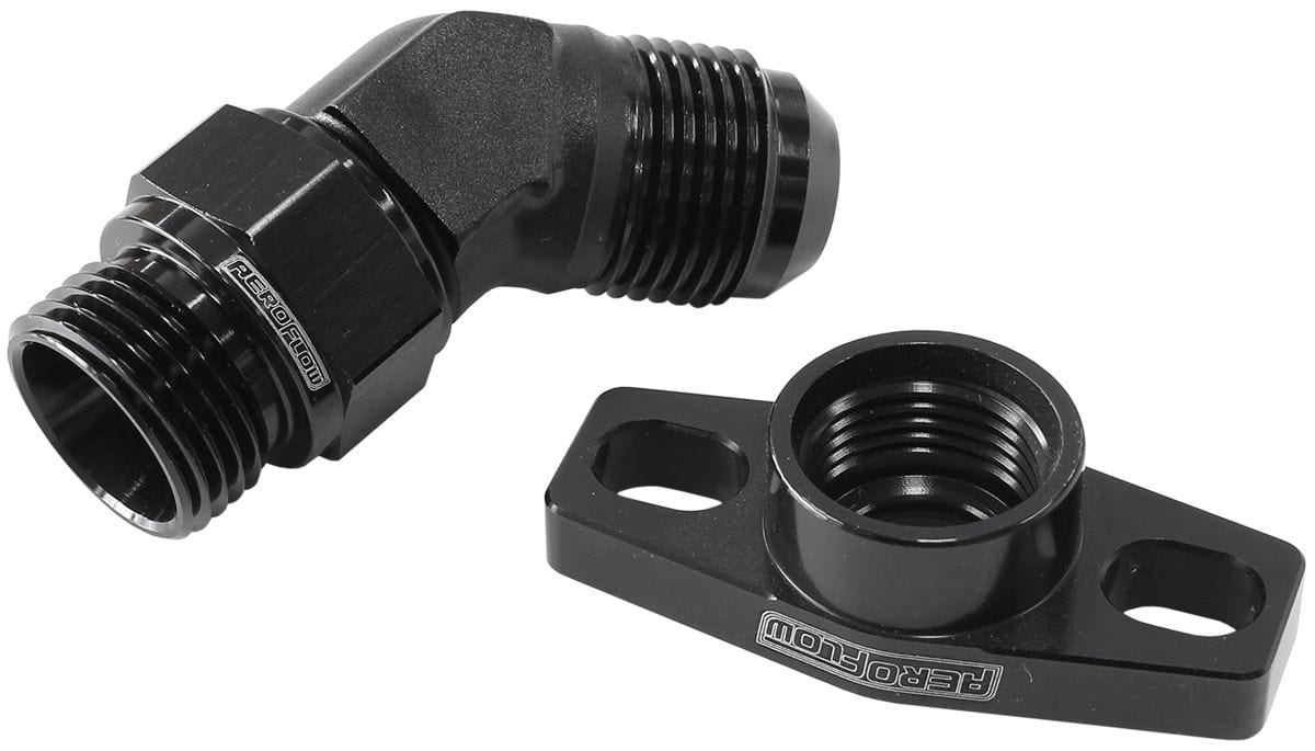 Aeroflow Performance With -10AN Fitting, 38-44mm Hole Centres. Black Finish. 45° Turbo Drain Adapter AF463-12 Autofit