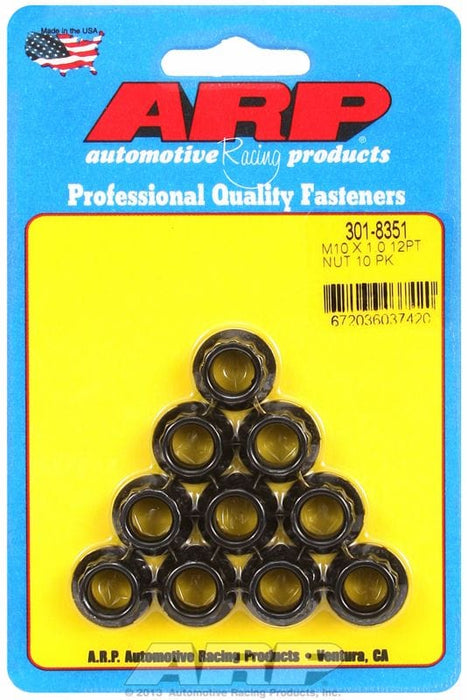 ARP 10mm X 1.00 Thread, 12mm Socket (10-Pack) 12-Point Nut, Chrome Moly Black Oxide AR301-8351 Autofit