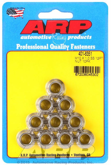 ARP 10mm X 1.00 Thread, 12mm Socket (10-Pack) 12-Point Nut, Polished S/S AR401-8351 Autofit