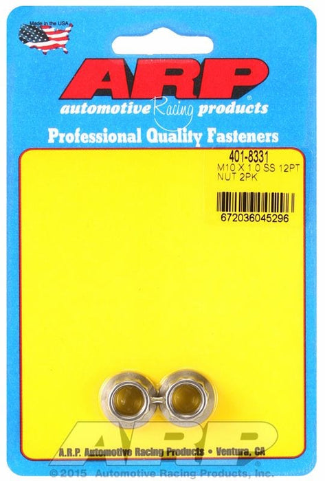 ARP 10mm X 1.00 Thread, 12mm Socket (2-Pack) 12-Point Nut, Polished S/S AR401-8331 Autofit