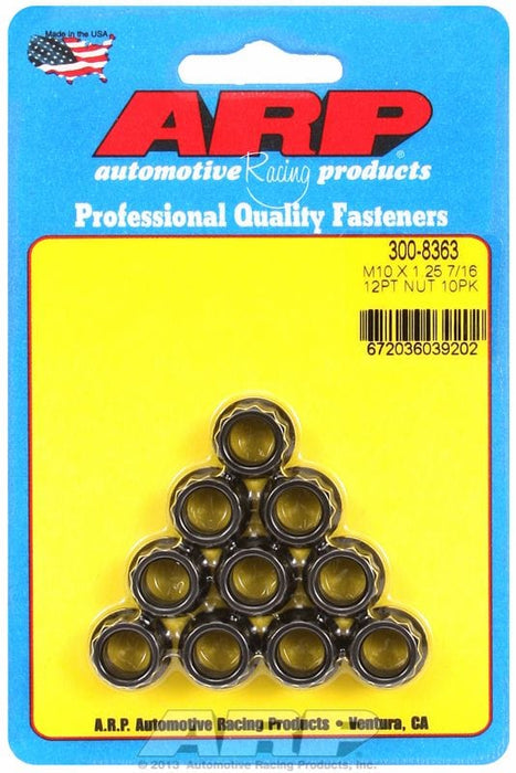 ARP 10mm X 1.25 Thread, 12mm Socket (10 Pack) 12-Point Nut, Chrome Moly Black Oxide AR300-8363 Autofit