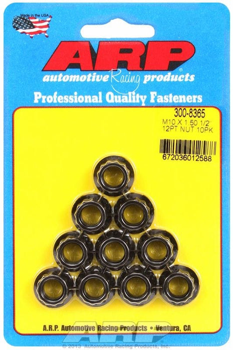 ARP 10mm X 1.50 Thread, 12mm Socket (10-Pack) 12-Point Nut, Chrome Moly Black Oxide AR300-8365 Autofit