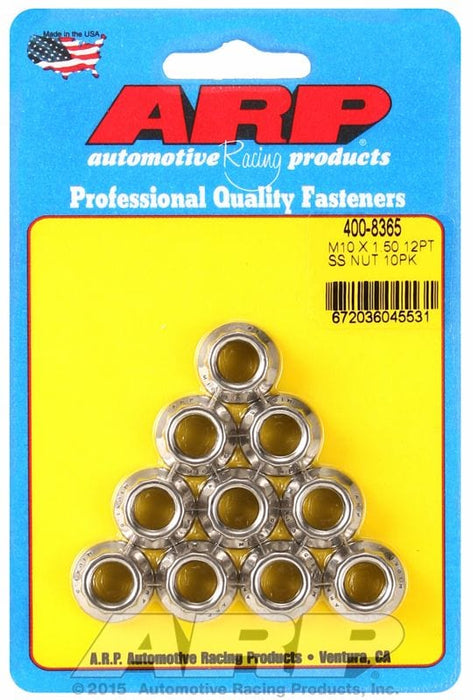 ARP 10mm X 1.50 Thread, 12mm Socket (10-Pack) 12-Point Nut, Polished S/S AR400-8365 Autofit