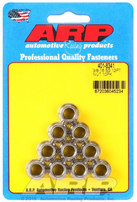 ARP 3/8" UNC Thread, 7/16" Socket (10 Pack) 12-Point Nut, Polished S/S AR401-8341 Autofit