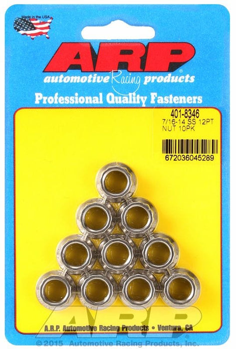 ARP 7/16" UNC Thread, 1/2" Socket (10-Pack) 12-Point Nut, Polished S/S AR401-8346 Autofit