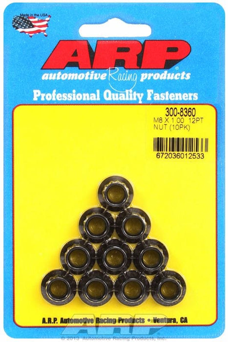 ARP 8mm X 1.00 Thread, 10mm Socket (10-Pack) 12-Point Nut, Chrome Moly Black Oxide AR300-8360 Autofit