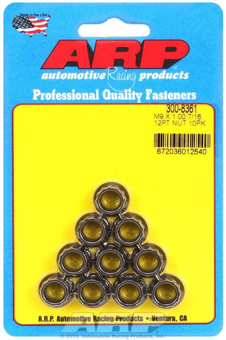 ARP 9mm X 1.00 Thread, 11mm Socket (10-Pack) 12-Point Nut, Chrome Moly Black Oxide AR300-8361 Autofit
