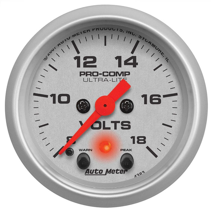 AUTOMETER 2-1/16", Full Sweep Electric, Peak Memory and Warning, 8-18 volts Ultra-Lite Series Voltmeter Gauge AU4383 Autofit