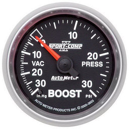 AUTOMETER 2-1/16", Full Sweep Mechanical, 30 In. Hg/30 psi Sport-Comp II Boost/Vacuum Gauge AU3603 Autofit