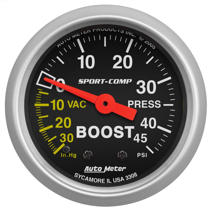 AUTOMETER 2-1/16", Full Sweep Mechanical, 30 In. Hg./45 psi Sport-Comp Series Boost/Vacuum Gauge AU3308 Autofit