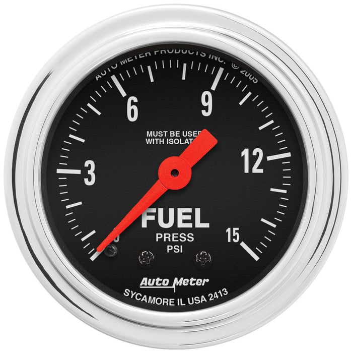 AUTOMETER 2-1/16", Full Sweep Mechanical, w/Isolator, 0-15 psi Traditional Chrome Series Fuel Pressure Gauge AU2413 Autofit
