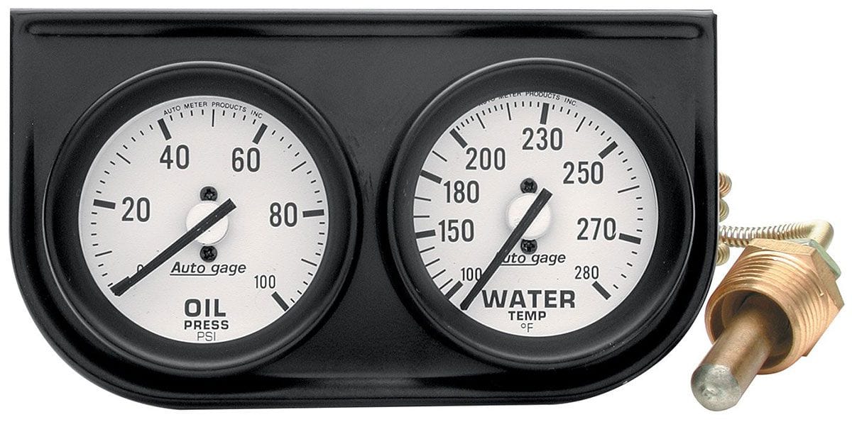 AUTOMETER 2-1/16", Mechanical, White Dial, Oil Press 0-100 psi, Water Temp 100- Auto gage Two-Gauge Console AU2326 Autofit